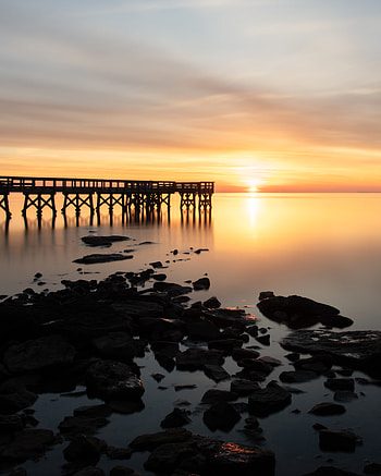 Nature, Sunset, Stones, Sea, Horizon, Pier HD phone wallpaper