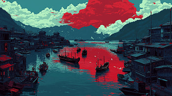 Red Boat, boat, Red Lake, landscape, AI Art HD wallpaper