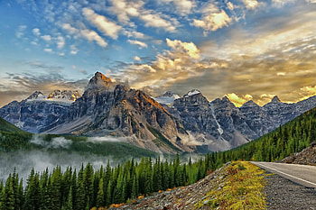 Valley of the Ten Peaks, Banff NP, Canada, mist, sunshine, landscape, clouds, trees, sky, road HD wallpaper