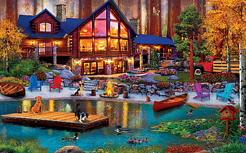 Cabin in the Cove, dogs, pier, trees, flowers, forest, river, art, house, ducks, digital, boats HD wallpaper