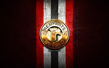 Quebec Remparts, golden logo, QMJHL, red metal background, canadian hockey team, Quebec Remparts logo, hockey HD wallpaper