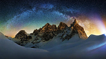 Milky way in the Dolomites, Italy, snow, peaks, winter, landscape, sky, stars, alps HD wallpaper