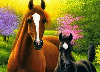 Horse with Foal, artwork, sunshine, painting, landscape, blooming, trees, spring HD wallpaper