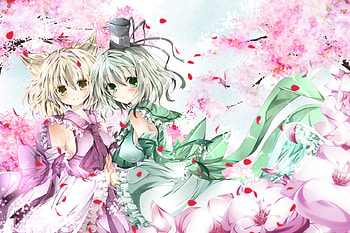 Cute Girls, toyosatomimi no miko, cute, kawai, soga no tojiko, dress, nanase nao, anime, animal ears, petals, touhou, girls, flowers, green eyes, cherry blossoms HD wallpaper
