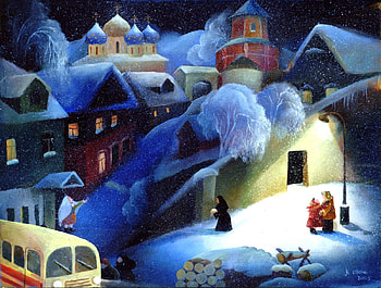 Natasha Villone, painting, art, snow, bus, village HD wallpaper
