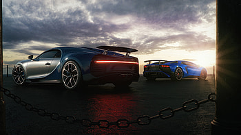 Bugatti Chiron And Lamborghini Huracan, lamborghini-huracan, lamborghini, bugatti-chiron, behance, cars HD wallpaper