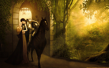 The kiss, night, two, animal, horse, knight, beauty, couple, castle, man, girl, armor, woman, anime, fantasy, light, love, prince, yellow, red, kiss, princess, manga HD wallpaper