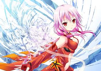 Inori Yuzuriha, girl, long hair, petal, pink, anime, flower, red, female HD wallpaper