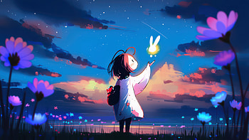 Anime Girl With Glowing Bunny In Flower Field, anime-girl, flowers, flower, bunny, field, sky, star, artist, artwork, art, digital-art, deviantart HD wallpaper