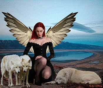 On the Lake, angel, mountains, wolves, fantasy HD wallpaper