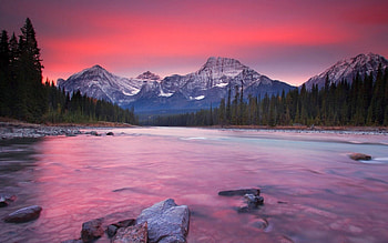 Rocky Mountain Sunset, Alberta, Canada, dusk, mountain, lake, rock, day, reflection, red, clouds, trees, nature, sky, canada, water, alberta, forest, sunset HD wallpaper