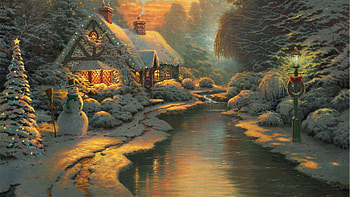 Th light in the window, Lan8, Winter, House, Forest, Snowman, Trees, River HD wallpaper