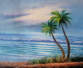 Palm Trees Swaying, blue water, painting, seagulls, palm trees, beach HD wallpaper