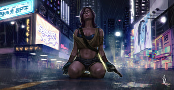 Cyber Girl Rain City , cyberpunk, artist, artwork, digital-art, rain, artstation HD wallpaper