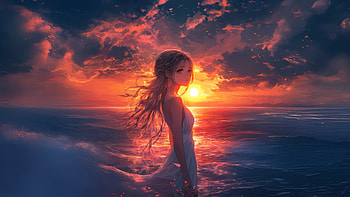 Anime Girl With Long Flowing Hair Standing On A Cliff S Edge, anime-girl, artist, cliff, sunset, ocean, clouds, artwork, art, digital-art, ai, deviantart HD wallpaper