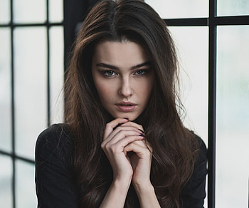 Brunette, long hair, pretty, stare, woman model HD wallpaper