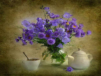 Still life, blue, tea, vase, beautiful, nice, delicate, pretty, coffee, flowers, lovely, harmony HD wallpaper