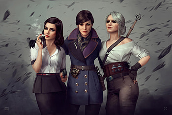 Witcher Assassins Bioshock Girls Crossover, ciri, assassins-creed-origins, bioshock-infinite, games, fantasy-girls, artist, artwork, digital-art, deviantart HD wallpaper