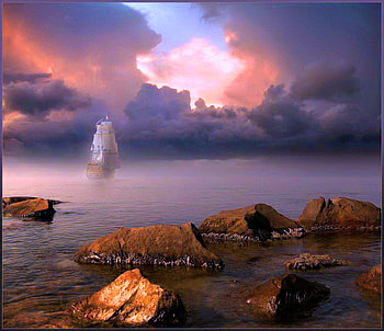 Catch the wind, ship, clouds, sails, sunset, ocean, rock, beach HD wallpaper