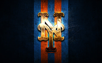 New York Mets emblem, MLB, golden emblem, blue metal background, american baseball team, Major League Baseball, baseball, New York Mets, NY Mets HD wallpaper