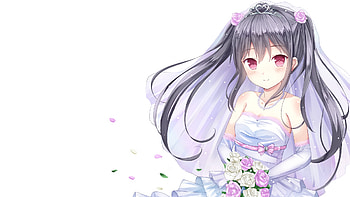 Light Pink Eyes Black Hair Anime Girl White Flowers Dress Anime Girl HD wallpaper