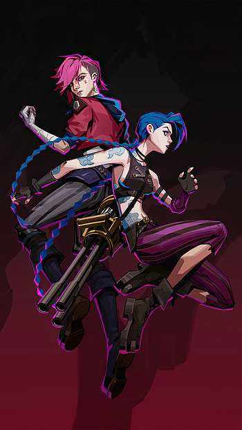 Jinx And Vi, electric blue, magenta, art, game, cartoon, lol, pattern, 2022, bgmi, league of legends, battleground, , pubg HD phone wallpaper