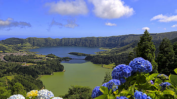 San Miguel Island, Azores, Portugal, island, blossoms, clouds, landscape, trees, sky, lake HD wallpaper