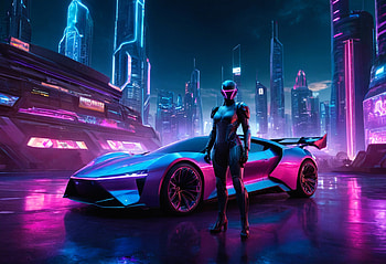 neon, purple, purple car, skyscraper HD wallpaper