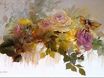 fairy on the flowers, wings, roses, girl, beautiful, woman, pink, leaves, pretty, fantsy, nature, flowers HD wallpaper