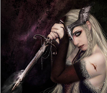 Winged Helm, wings, sword, blonde, fantasy, cute, warrior, female HD wallpaper