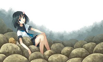 Black Hair Anime, original wall, sitting, yakka, cute anime, seifuku, original, school girl HD wallpaper