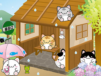 Maruneko Bus Stop, Cute, Mauneko, Neko, Stop, Nyan, Cat, Umberella, Kawaii, Bus, Rain HD wallpaper