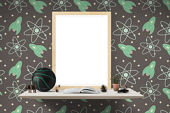Stylish children's room interior design featuring rocket-themed and shelf decor. HD wallpaper