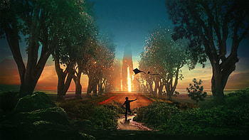 Art, Trees, Night, Silhouette, Child, Kite HD wallpaper