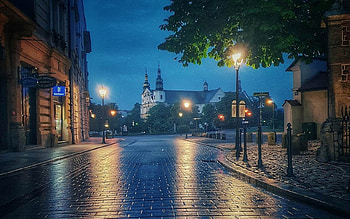 Krakow, Poland, Poland, night, lights, Krakow, street, church HD wallpaper