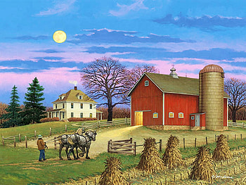 November’s Full Moon, barn, horses, moon, house, man, sky, sunset, straw, painting, trees HD wallpaper