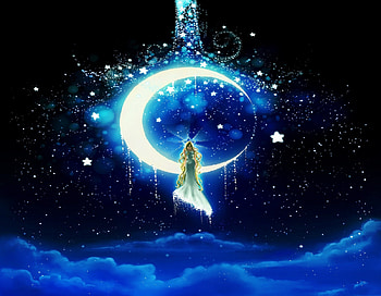 'The Shower of Stardust', blue dreams, colors, stardust, beautiful girls, stars, digital art, shower, attractions in dreams, splendidly, paintings, fantasy, pretty, crescent, cool, clouds, softness beauty, sky, fairies, lovely HD wallpaper