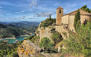 Church in Spain, mountains, church, Spain, lake HD wallpaper