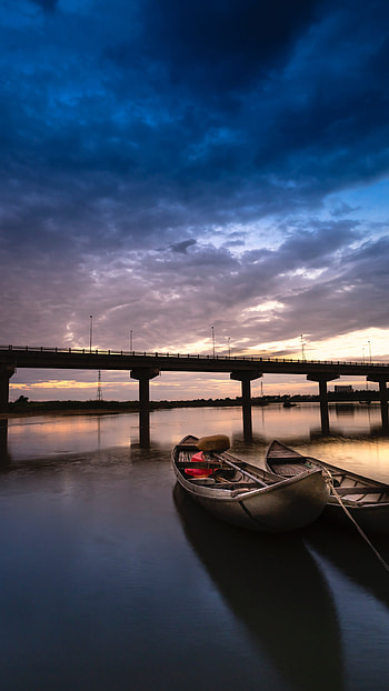 Boat travels, Bridge river, Sunset HD phone wallpaper