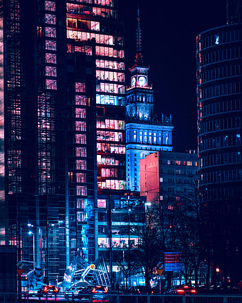 Building, Dark, Night City, Neon, Chapel HD phone wallpaper