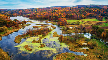 The Driftless Area in Baraboo, Wisconsin, river, fall, landscape, trees, colors, sky, forest, usa, clouds HD wallpaper