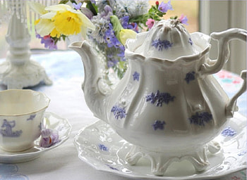 Tea and Spring Flowers, still life, teacup, vase, flowers, spring, teapot HD wallpaper