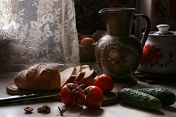 Sunlit Still Life: Bread, Tomatoes & Jug — Quad, food, still life HD wallpaper