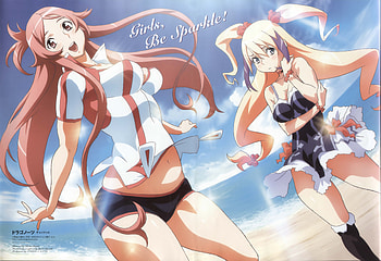 dragonaut the resonance, uniform, blonde hair, pink hair, long hair, boots, shorts, beach HD wallpaper