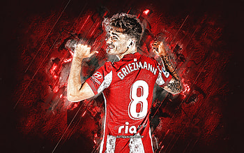 Antoine Griezmann, Atletico Madrid, La Liga, French footballer, red stone background, Griezmann Atletico Madrid, football, grunge art HD wallpaper