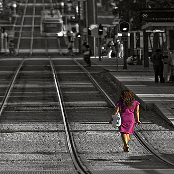 long road, pink, railway, lonely, dress, walk HD wallpaper