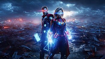 Thor And Captain Marvel Crusade, thor, captain-marvel, superheroes, artwork, digital-art, ai HD wallpaper