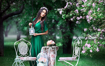 Beauty, pink, model, green, garden, girl, woman HD wallpaper