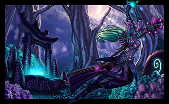 *Elf Druid*, games, colorful, fighting, Elf Druid, battles, digital art, dress, painting, female, warriors, fan art, weapons, supernatural, dark, purple, green, video games, stronger, hair HD wallpaper