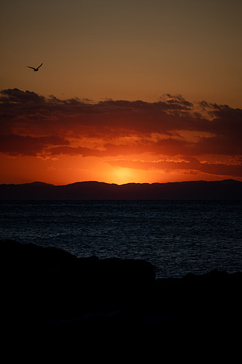 Sunset, Mountains, Sea, Twilight, Dark, Dusk HD phone wallpaper